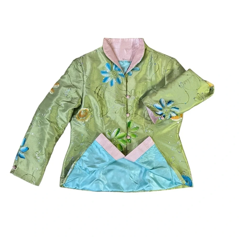 Art to wear Embroidered Floral Satin Jacket Beaded Mandarin Collar Pastel Green‎